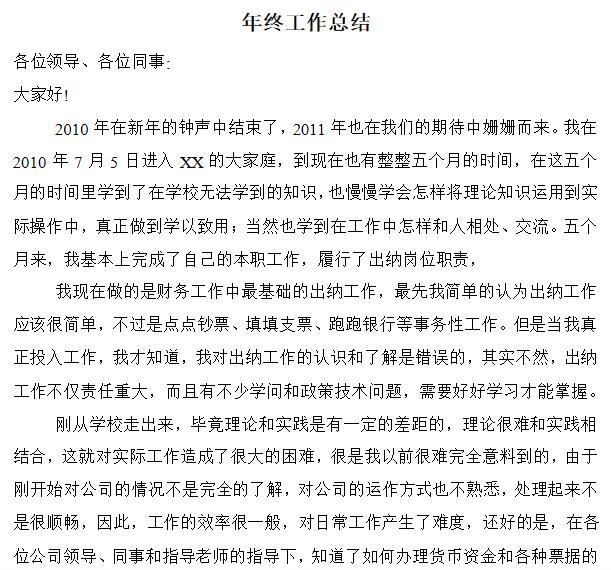 出纳年终工作总结范文 word免费版0