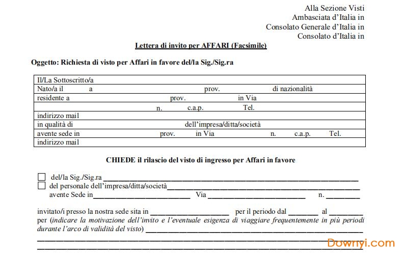 意大利商务签证邀请函